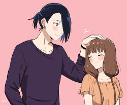  1boy 1girl absurdres black_hair black_shirt blush brown_hair brown_shirt closed_eyes earrings hair_over_one_eye headpat highres iino_miko ishigami_yuu jewelry kaguya-sama_wa_kokurasetai_~tensai-tachi_no_renai_zunousen~ long_hair long_sleeves nana_(7kah) pink_background ponytail shirt short_sleeves simple_background 