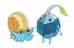  1other commentary_request crossover full_body holding_hands iwa_love_iwa leaf looking_at_another no_humans omanyte pikmin_(series) pokemon pokemon_(creature) rock_pikmin shell tentacles white_background 