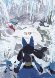 black_fur blue_eyes blue_fur blue_sclera body_fur colored_sclera commentary_request froslass furry garchomp gible glaceon highres ice icicle lucario mamoswine mountain multicolored_fur open_mouth outdoors pokemon pokemon_(creature) pokemon_focus red_eyes riolu samugohan3658 scenery snow spikes swinub tail tusks winter yellow_eyes yellow_fur yellow_sclera 