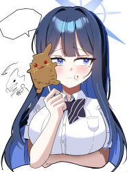  1girl absurdres alternate_costume black_bow black_bowtie black_hair blue_archive blue_eyes blue_hair blue_halo bow bowtie breasts bush colored_inner_hair commentary_request eating erum_4066 food halo highres holding holding_food korean_commentary large_breasts long_hair looking_to_the_side multicolored_hair saori_(blue_archive) school_uniform shirt short_sleeves simple_background solo speech_bubble textless_version white_background white_shirt 