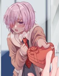  1girl 1other black_dress blurry blurry_background blush box breath brown_jacket clenched_hand colored_eyelashes commentary_request cowboy_shot depth_of_field dress eyelashes fate/grand_order fate_(series) gift hair_over_one_eye hand_up heart-shaped_box highres holding holding_gift incoming_gift indoors jacket looking_at_viewer mash_kyrielight medium_hair necktie nervous nervous_sweating one_eye_covered open_clothes open_jacket open_mouth outstretched_arm pov pov_hands purple_hair r5oaz red_necktie sleeves_past_wrists solo_focus sweat teeth upper_body upper_teeth_only valentine violet_eyes watermark 