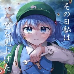 1girl backpack bag blue_eyes blue_hair blush commentary_request crying crying_with_eyes_open green_bag green_hat hair_bobbles hair_ornament hat highres holding holding_wrench kawashiro_nitori long_sleeves looking_at_viewer medium_hair mizuni_takenoko multi-source_commentary outdoors reflection reflective_liquid river shinra-bansho signature solo tears touhou translation_request two_side_up wrench 
