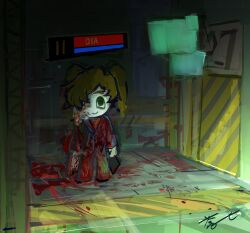  1girl :3 aoruuto blood brown_hair commentary_request containment_unit employee_(project_moon) green_eyes highres lobotomy_corporation missing_eye nothing_there nugget_(project_moon) project_moon severed_hand severed_limb twintails 