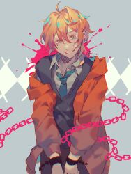  1boy absurdres aegyo_sal aqua_eyes aqua_necktie bandaid bandaid_on_cheek bandaid_on_face bishounen blonde_hair blood blood_splatter chain collared_shirt commentary connethie cowboy_shot cuffs ego_renegade_boy_(vocaloid) english_commentary grin handcuffs highres hood hood_down hooded_jacket jacket kagamine_len looking_at_viewer male_focus mole mole_under_eye necktie open_clothes orange_jacket ponytail shirt short_hair short_ponytail smile solo standing vocaloid white_shirt 