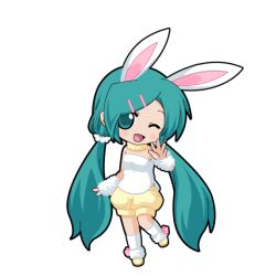  1girl ;d animal_ears arm_warmers blush chibi chibi_only full_body fur-trimmed_shoes fur_arm_warmers fur_collar fur_hair_tie game_asset hair_ornament hairclip hand_up hatsune_miku hatsune_miku_graphy_collection kneehighs long_hair looking_at_viewer low_twintails one_eye_closed open_mouth parallel_hairclips puffy_shorts rabbit_ears shirt shoes shorts smile socks solo standing standing_on_one_leg strapless strapless_shirt transparent_background twintails very_long_hair vocaloid white_arm_warmers white_shirt white_socks yellow_collar yellow_shoes yellow_shorts 