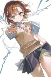  1girl aiming aiming_at_viewer asymmetrical_bangs brown_eyes brown_hair brown_sweater_vest closed_mouth coin collared_shirt commentary electricity electrokinesis grey_skirt hair_ornament hairpin hhuu1332 highres holding holding_coin incoming_attack looking_at_viewer medium_hair miniskirt misaka_mikoto pleated_skirt railgun_(misaka_mikoto) school_emblem school_uniform shirt short_sleeves shorts shorts_under_skirt skirt solo summer_uniform sweater_vest toaru_kagaku_no_railgun toaru_majutsu_no_index tokiwadai_school_uniform v-neck white_background white_shirt 