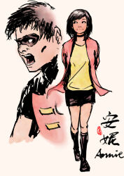  1boy 1girl :| annie_(batman) arms_behind_back artist_name batman_(series) black_boots black_cape black_choker black_eyes black_hair black_skirt blank_eyes bob_cut bodysuit boots breasts cape cardigan character_name chinese_text choker closed_mouth commentary cropped_torso dc_comics domino_mask english_commentary eye_mask floating_clothes full_body inverted_bob knee_boots long_sleeves looking_to_the_side mask miniskirt nose open_cardigan open_clothes open_mouth pencil_skirt red_bodysuit red_cardigan robin_(dc) shirt short_hair short_sleeves shouting signature simple_background sketch skirt small_breasts superhero_costume swept_bangs the_new_batman_adventures tianwaitang tim_drake turtleneck walking white_background yellow_shirt 