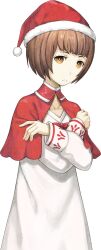  1girl arms_around_self bob_cut bow breasts brown_eyes brown_hair capelet chest_bow collarbone collared_capelet dress fingernails from_side frown fur-trimmed_headwear fur_trim game_asset hat high_collar huke long_sleeves looking_at_viewer nakase_katsumi official_art red_bow red_capelet red_hat santa_costume santa_dress santa_hat science_adventure short_hair small_breasts solo steins;gate steins;gate_0 surprised tachi-e tomboy transparent_background white_dress wide-eyed 