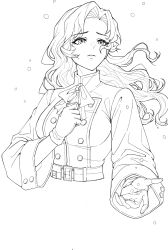  1girl bow bowtie breasts buttons commentary_request cropped_torso double-breasted frilled_bow frills gloves greyscale hand_up highres jacket jajimalgeol korean_commentary lineart long_hair looking_up medium_breasts military_uniform moldir_(reverse:1999) monochrome open_hand outstretched_hand parted_lips reverse:1999 solo upper_body 