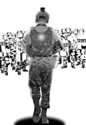  6+boys ankle_boots backlighting bag belt black_sun_(symbol) boots brenton_tarrant bulletproof_vest camouflage camouflage_jacket camouflage_pants commentary english_commentary english_text facing_another from_behind full_body greyscale gun helmet holding holding_gun holding_shield holding_weapon jacket long_sleeves male_focus monochrome multiple_boys nazi pants police police_uniform policeman puffy_long_sleeves puffy_pants puffy_sleeves real_life shadow shield shoes simple_background solo_focus standing standing_on_one_leg true_crime weapon white_background zoltan_(user_zznf3375) 