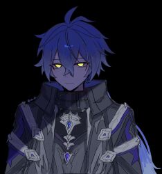  1boy black_background black_capelet black_coat blue_hair capelet coat collared_capelet commentary_request crossed_bangs expressionless flins_(genshin_impact) gem genshin_impact glowing glowing_eyes gradient_hair hair_between_eyes hair_intakes highres long_hair long_sleeves looking_at_viewer male_focus multicolored_hair partially_shaded_face purple_gem purple_shirt rubudou shirt solo upper_body yellow_eyes 