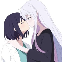  2girls black_hair blue_eyes cho_kaguya-hime! closed_eyes colored_inner_hair commentary_request facing_another from_side grey_hair hand_on_another's_shoulder highres kiss lab_coat light_blush long_hair looking_at_another medium_hair multicolored_hair multiple_girls pink_hair profile runami_yachiyo sakayori_iroha three-quarter_sleeves tomato_(tomato_kun) two-tone_hair upper_body yuri 