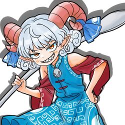  1girl curled_horns curly_hair goat_horns grey_hair highres holding holding_spork horns kaggoj5drr49868 looking_at_viewer meandros medium_hair red_eyes sharp_teeth simple_background spork teeth touhou toutetsu_yuuma white_background 