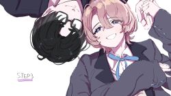  1boy 1girl absurdres arimura_mao black-framed_eyewear black_hair black_jacket blue_eyes blue_ribbon blush closed_mouth collared_shirt commentary_request gakuen_idolmaster glasses grin hetero highres holding_hands idolmaster jacket kasasagi_(futagodori888) looking_at_another medium_hair neck_ribbon opaque_glasses open_clothes open_jacket pink_hair producer_(idolmaster) rectangular_eyewear ribbon shirt short_hair simple_background smile white_background white_shirt 