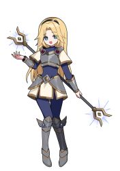  1girl :d armor armored_boots black_hairband blonde_hair blue_bodysuit blue_eyes bodysuit boobplate boots bracer breasts colored_eyebrows commentary full_body hairband hand_up highres holding holding_staff knee_boots korean_commentary league_of_legends long_hair looking_at_viewer lux_(league_of_legends) open_mouth parted_bangs pelicana sidelocks simple_background skirt smile solo staff straight_hair weapon white_background white_skirt 