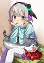  1girl :p absurdres ahoge aqua_cardigan aya_(0707) black_flower black_hairband black_ribbon black_rose blunt_bangs cardigan commentary_request eyelashes eyes_visible_through_hair feet_out_of_frame flower grey_hair hair_between_eyes hair_flower hair_ornament hair_ribbon hairband hands_on_own_cheeks hands_on_own_face hands_up heaven_burns_red highres indoors leaning_forward looking_at_viewer medium_hair minase_sumomo miniskirt on_bed pantyhose paw_print pink_ribbon plaid_clothes plaid_skirt pleated_skirt purple_pupils purple_ribbon red_skirt ribbon ribbon-trimmed_pantyhose rose sitting skirt sleeves_past_wrists solo stuffed_animal stuffed_cat stuffed_toy tareme tongue tongue_out violet_eyes white_pantyhose 