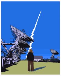  1girl carrier commentary english_commentary eva_stratt fleet highres imminent_injection outdoors project_hail_mary rocket rocket_ship saucefunk2 scenery smile solo spacecraft spacecraft_turret 