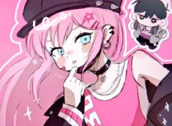 1boy 1girl aubrey_(faraway)_(omori) aubrey_(omori) black_choker black_hat black_jacket black_mask blush chibi choker closed_mouth collarbone commentary double-parted_bangs ear_piercing geldslzcyf59548 hair_between_eyes hair_ornament hairclip hat heart heart_choker jacket long_hair long_sleeves looking_at_viewer mask mouth_mask omori open_clothes open_jacket piercing sidelocks sunny_(omori) tongue tongue_out untranslatable_commentary upper_body 
