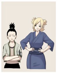  1boy 1girl :/ blue_kimono boruto:_naruto_next_generations boruto_(series) breasts crossed_arms earrings fishnet_top fishnets green_jacket hands_on_own_hips highres jacket japanese_clothes jewelry kimono large_breasts nara_shikamaru naruto_(classic) naruto_(series) quad_tails smile sweatdrop temari_(naruto) time_paradox topknot v-shaped_eyebrows waizumanhakase 