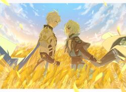  2boys 3a_ga_wa ahoge anaxa_(honkai:_star_rail) armor black_cape black_gloves blue_cape blue_eyes blue_sky border cape clouds commentary_request cowboy_shot fingerless_gloves from_side gloves green_hair green_pants green_shirt grey_hair highres honkai:_star_rail honkai_(series) letterboxed looking_at_another male_focus multiple_boys outdoors outstretched_arms pants parted_lips phainon_(honkai:_star_rail) ponytail profile shirt short_hair shoulder_armor sky spread_arms upper_body wheat_field white_border 