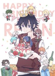  5girls 6+boys absurdres ahoge alisa_reinford antenna_hair artist_request ascot beamed_eighth_notes birthday_cake black_hair blonde_hair blue_hair blue_necktie bottle box braid brown_hair cake candle chibi closed_mouth coin commentary_request confetti crow_armbrust double-parted_bangs eighth_note eiyuu_densetsu elliot_craig emma_millstein english_text fie_claussell food gaius_worzel gift gift_box glasses green_pants hair_between_eyes happy_birthday headband high_side_ponytail highres holding holding_candle holding_tray hood hood_down hoodie hugging_object jacket jusis_albarea laura_s._arseid long_hair long_single_sidelock long_sleeves looking_at_viewer machias_regnitz medium_hair millium_orion multiple_boys multiple_girls musical_note necktie one_eye_closed open_mouth pants paper_crown parted_bangs pink_hair purple_ascot rean_schwarzer rectangular_mouth red_jacket school_uniform sen_no_kiseki_(series) sen_no_kiseki_i shirt short_hair side_ponytail silver_coin single_braid single_sidelock sitting smile spoken_musical_note sweatdrop thors_military_academy_class_vii_uniform tray triangle_mouth twintails upper_body violet_eyes white_hair white_headband white_shirt wine_bottle x_mouth 