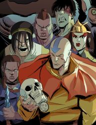  3boys 3girls aang appa arrow_(symbol) arrow_tattoo avatar:_the_last_airbender avatar_legends bald black_hair blind brown_hair burn_scar closed_mouth colored_skin comic_panel_redraw crazy_smile crystal_weapon dagger dark-skinned_female dark_skin derivative_work facepaint frown green_eyes gyatso_(avatar) hair_bun highres holding holding_dagger holding_knife holding_skull holding_weapon jewelry katara knife lemur lipstick looking_at_viewer makeup male_focus manlification meme momo_(avatar) multiple_boys multiple_girls muscular muscular_female necklace parody primusibi pursed_lips red_lips scar scar_on_face short_hair single_hair_bun skull sky_bison smile sokka suki_(avatar) tattoo teeth toph_beifong undercut v-shaped_eyebrows viltrumite_group_shot_(meme) weapon white_skin zuko 