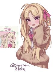  1girl absurdres ahoge alternate_hair_color awa_subaru blonde_hair blush bow bowtie brown_cardigan cardigan chinese_commentary commentary_request girls_band_cry gyaru hair_intakes hair_ribbon hand_up highres long_hair long_sleeves open_mouth pink_bow pink_bowtie pink_eyes pink_ribbon ribbon school_uniform shirt simple_background solo white_background white_shirt xiaxiaxiaoxiao 