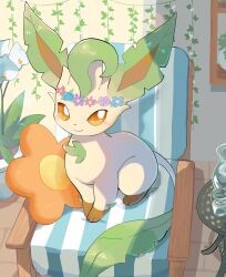  absurdres animal_focus blush brown_eyes brown_sclera chair closed_mouth colored_sclera cup flower green_fur head_wreath highres komanychi leaf leafeon no_humans on_chair pillow plant pokemon pokemon_(creature) pokemon_focus potted_plant sitting smile water yellow_fur 