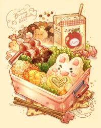  animal-themed_food apple bacon bento brown_background candy checkerboard_cookie chopsticks commentary cookie drink_carton drinking_straw english_commentary food food_focus fruit highres juice_box lettuce nao_(bestrollever) napkin no_humans nutrition_facts omelet onigiri original rabbit simple_background tamagoyaki 