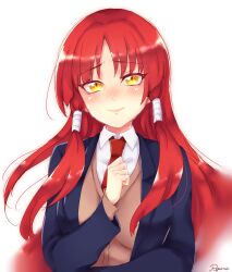  1girl blazer blue_jacket blush collared_shirt commentary_request hand_up highres hiougi_karura jacket lips long_hair long_sidelocks looking_at_viewer necktie parted_bangs raised_inner_eyebrows red_hair red_necktie ryuuuno school_uniform shirt sidelocks signature simple_background slit_pupils solo upper_body white_background white_shirt yellow_eyes yuragisou_no_yuuna-san 