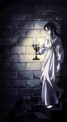  1girl barefoot black_eyes black_hair brick_wall candle candlestand commentary_request dress fire full_body hannah_(witch's_island) holding holding_candlestand jewelry korean_commentary long_hair necklace official_art on_stairs ppotatornado solo stairs white_dress witch's_island 
