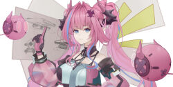  1girl absurdres arknights arknights:_endfield bare_shoulders black_gloves black_horns blue_eyes blue_hair breasts chinese_commentary closed_mouth commentary_request detached_sleeves gloves hair_intakes hair_ornament hand_up highres horns index_finger_raised long_hair long_sleeves looking_at_viewer medium_breasts multicolored_hair pink_gloves pink_hair pink_horns pink_sleeves pointy_ears robot see-through_clothes see-through_sleeves solo streaked_hair tul_(pixiv_id_65874842) upper_body white_background yvonne_(arknights) 