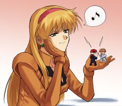  1girl 2boys black_bodysuit bodysuit brown_eyes brown_hair chibi chronicle_asher closed_mouth commentary duel earrings eighth_note energy_sword giant giantess green_eyes gundam hairband hand_on_own_cheek hand_on_own_face hands_up head_rest highres holding holding_sword holding_weapon jewelry katejina_loos lightning_bolt_symbol long_hair looking_at_another mask mecha_pilot_suit medium_hair mini_person miniboy multiple_boys musical_note normal_suit_(gundam) open_mouth orange_bodysuit red_hair red_hairband short_hair shoulder_pads smile speech_bubble spoken_musical_note standing sword tsubakiohana02 uso_ewin victory_gundam weapon white_bodysuit white_mask 