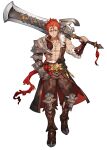  1boy atelier_(series) atelier_ryza atelier_ryza_3 brown_gloves brown_pants buckle full_body gauntlets gloves highres huge_weapon lent_marslink looking_at_viewer male_focus muscular muscular_male official_art pants redhead second-party_source single_gauntlet single_glove smile solo sword toridamono weapon white_background yellow_eyes 