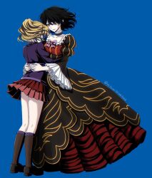  2girls artist_name black_dress black_hair black_shoes black_socks blonde_hair blue_background collarbone commentary_request crying dress floating_hair highres hug kimioharuka layered_dress long_dress multiple_girls pink_skirt pleated_skirt ponytail shoes simple_background skirt socks spoilers streaming_tears tears twitter_username umineko_no_naku_koro_ni ushiromiya_jessica yasu_(umineko) yellow_eyes 