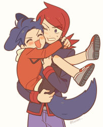  2boys :d animal_ears black_hair black_shorts blush carrying cheek_press chueog closed_eyes commentary_request cowlick ethan_(pokemon) grey_shoes highres jacket korean_commentary long_hair male_focus multiple_boys open_mouth pants pokemon pokemon_heartgold_and_soulsilver red_hair red_jacket shoes short_hair shorts silver_(pokemon) simple_background smile tail twitter_username white_background 