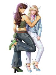 2girls battle_tendency belt belt_buckle blonde_hair blue_belt blue_jacket blue_pants blue_shoes brown_belt brown_hair buckle caesar_anthonio_zeppeli commentary corrupted_twitter_file crop_top denim earrings facial_mark feather_hair_ornament feathers genderswap genderswap_(mtf) green_eyes green_shoes green_tube_top hair_ornament hand_on_another's_shoulder high_heels highres jacket jeans jewelry jojo_no_kimyou_na_bouken joseph_joestar joseph_joestar_(young) long_hair looking_at_viewer midriff multiple_girls muscular muscular_female neckerchief pants pink_neckerchief shoes silrevv simple_background standing standing_on_one_leg strapless tube_top untranslatable_commentary white_background white_pants