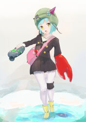  1girl absurdres bag black_sailor_collar black_shirt bungo_yayoi commentary_request crab_claw green_hair guratanchikin heaven_burns_red highres holding holding_water_gun knee_guards looking_at_viewer open_mouth pantyhose sailor sailor_collar shirt short_hair shoulder_bag skirt water_gun white_pantyhose yellow_eyes 