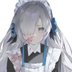  1girl apron black_dress blood blood_on_clothes blood_on_face blue_flower blue_hair commentary dress enmaided flower grey_eyes grey_hair hair_flower hair_ornament hair_over_one_eye isekaijoucho kamitsubaki_studio long_hair looking_at_viewer maid maid_apron maid_headdress multicolored_hair nanami_alice portrait simple_background solo two-tone_hair untranslatable_commentary virtual_youtuber white_apron white_background 