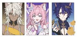  1boy 1girl 1other absurdres alternate_form ancient_greek_clothes animal_ear_fluff animal_ears armor bare_shoulders black_shirt blue_background blue_cape blue_flower blue_ribbon blunt_bangs border braid breasts bright_pupils brown_background cape cat_boy cat_ears cat_girl chain closed_mouth clothing_cutout collarbone collared_shirt commentary cracked_skin cyrene_(demiurge)_(honkai:_star_rail) cyrene_(honkai:_star_rail) dark_skin deep_wound detached_collar detached_sleeves diamond-shaped_pupils diamond_(shape) dr._ratio_(honkai:_star_rail) dress empty_eyes flower gem gloves gold_chain gradient_background greco-roman_clothes hair_flower hair_ornament hair_over_one_eye hair_ribbon halo halo_behind_head hand_up heart heart_print highres himation honkai:_star_rail honkai_(series) injury jewelry kemonomimi_mode large_breasts laurel_crown long_hair looking_at_viewer multicolored_ribbon nanook_(honkai:_star_rail) open_mouth orange_eyes outside_border papajay_(jennygin2) pendant pink_hair pointy_ears polka_dot polka_dot_background puffy_short_sleeves puffy_sleeves purple_background purple_gem purple_hair purple_ribbon red_eyes ribbon rubber_duck shirt short_hair short_sleeves shoulder_armor sleeveless sleeveless_dress smile symbol-shaped_pupils teeth tongue twin_braids untranslatable_commentary upper_body v-shaped_eyebrows violet_eyes white_border white_gloves white_hair white_halo white_pupils white_sleeves wing_collar yellow_ribbon 