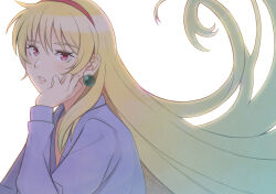  1girl blonde_hair commentary earrings gundam hairband hand_on_own_cheek hand_on_own_face head_rest highres jewelry katejina_loos konishiki_(52siki) long_hair looking_at_viewer looking_to_the_side parted_lips red_eyes red_hairband shirt simple_background solo turning_head upper_body very_long_hair victory_gundam white_background white_shirt 