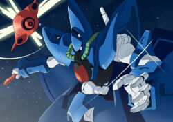  1980s_(style) battle beam_cannon cable commentary_request extra_eyes gundam hambrabi masunikuru mecha mecha_focus mobile_suit nebula no_humans retro_artstyle robot science_fiction solo space star_(sky) titans_(gundam) whip zero_gravity zeta_gundam 