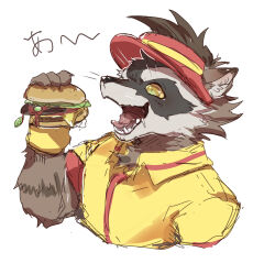  1boy absurdres animal_ears burger employee_uniform fangs fast_food_uniform food from_side furry furry_male guardians_of_the_galaxy highres holding holding_burger holding_food looking_at_food male_focus marvel marvel_rivals open_mouth profile raccoon_boy raccoon_ears rocket_raccoon shirt sisijimakarashi sound_effects upper_body visor_cap whiskers yellow_shirt 