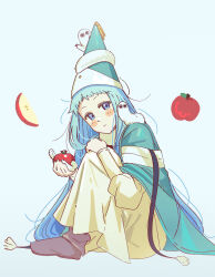  1girl apple black_eyes blue_eyes blue_hair blush brushbuddy commentary_request creature food fruit hat hat_tassel highres long_hair looking_at_viewer osakaaymu qifrey's_atelier_apprentice_uniform richeh_(tongari_boushi_no_atelier) simple_background tongari_boushi_no_atelier very_long_hair white_background wizard_hat 