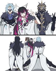  1girl 2boys black_hair black_helmet blue_hair bow camera capitano_(genshin_impact) columbina_(genshin_impact) commentary_request dottore_(genshin_impact) earrings eye_mask faceless fatui_coat from_behind fur_collar genshin_impact hair_ornament helmet highres jewelry kamineko114514 long_hair long_sidelocks mask multicolored_hair multiple_boys multiple_views multiple_wings see-through_clothes see-through_mask sidelocks simple_background streaked_hair taking_picture two-tone_hair v white_headdress wing_hair_ornament wings 