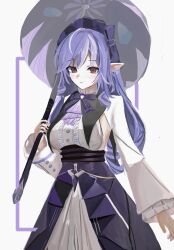  1girl absurdres ahoge ascot black_nails blush bow bowtie breasts closed_mouth commentary drill_hair gem highres holding holding_umbrella long_hair long_sleeves looking_at_viewer multicolored_hair okita_souogo12 pointy_ears purple_ascot purple_bow purple_bowtie purple_gem purple_hair purple_umbrella red_eyes shirt shrug_(clothing) sideboob_cutout simple_background solo streaked_hair umbrella upper_body vivian_banshee white_background white_shrug zenless_zone_zero 