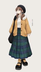  1girl absurdres azumaya_toushirou bag beret black_bag black_hat black_shoes blue_skirt brown_cardigan brown_eyes brown_hair brown_socks cardigan casual closed_mouth commentary_request earrings flower_earrings full_body green_skirt grey_background hat highres jewelry long_hair long_skirt long_sleeves low_twintails mary_janes multicolored_skirt open_cardigan open_clothes original shirt shirt_tucked_in shoes shoulder_bag simple_background skirt sleeves_past_wrists smile socks solo twintails white_shirt 