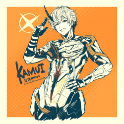  1boy arm_up artist_name border character_name commentary_request cropped_legs crossed_bangs dated grin hair_between_eyes hand_on_own_hip highres horns kamui:_aeternion_(pgr) kamui_(pgr) male_focus mechabare mechanical_arms mechanical_legs one_eye_closed parted_lips punishing:_gray_raven salute short_hair single_horn smile solo towasuke two-finger_salute warm_colored white_border 