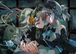  2girls blonde_hair blue_hair bonnet bow bowtie braid broken_glass capelet city curly_hair detective flower frilled_sleeves frills glass green_eyes hair_flower hair_ornament highres holding_hands ishikimourou lolita_fashion magical_girl mahou_shoujo_no_majo_saiban multiple_girls orange_eyes rose tachibana_sherry tono_hanna twintails white_flower white_rose window yellow_flower yellow_rose yuri 
