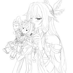  bare_shoulders blush bonnet character_doll chibi columbina_(genshin_impact) commentary_request doll dress genshin_impact hair_intakes hair_ornament hair_ribbon head_wings highres long_hair multiple_wings ribbon rizs_kuma sandrone_(genshin_impact) simple_background sketch upper_body very_long_hair white_background wing_hair_ornament wings 